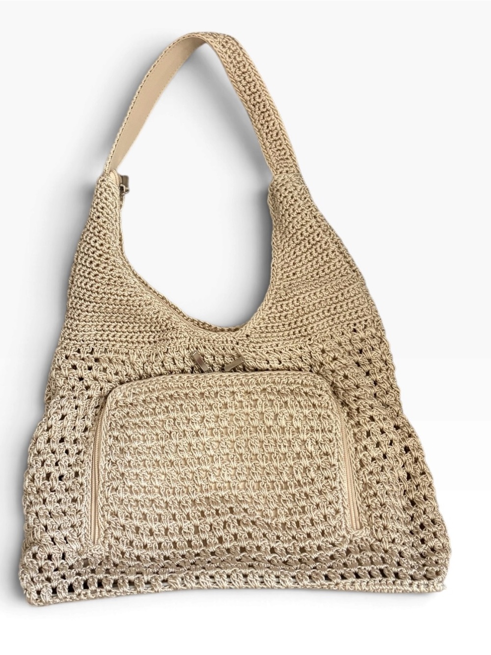 Beige Tan Crochet Knit Woven Hobo Bag Unique Boho Hippie Purse with Front Pocket